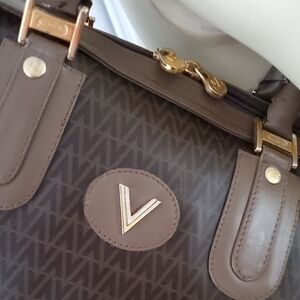 Valentino Brown Monogram Logo Tote Hand Bag For Women Gold Dual Zip Large